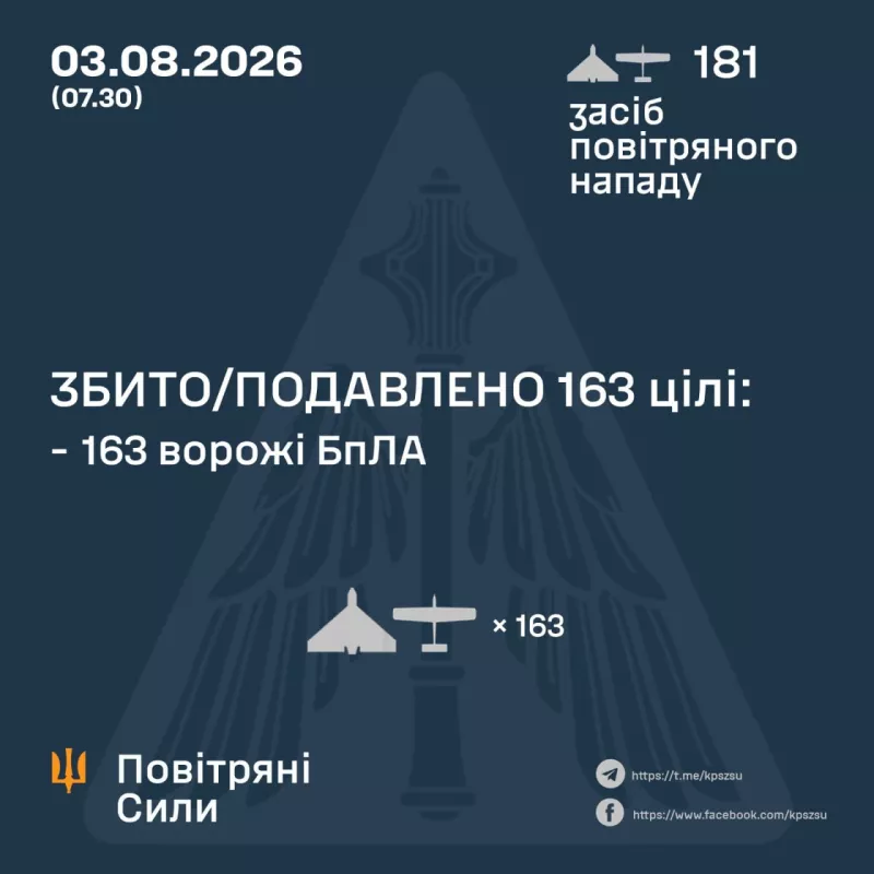 ППО знищила 163 ворожі дрони: Росія вночі атакувала Україну 181 безпілотником