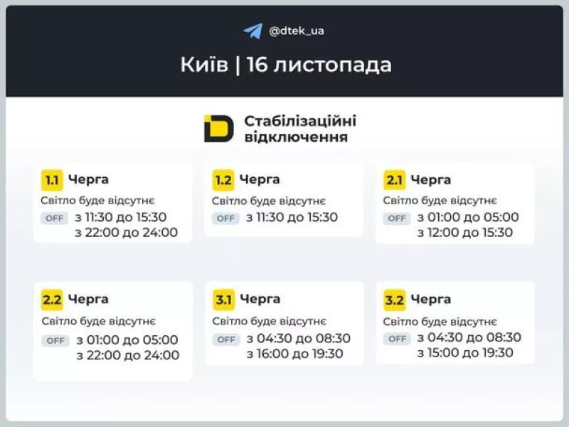 Графіки відключень світла на 16 листопада: коли і де шукати електроенергію в Україні