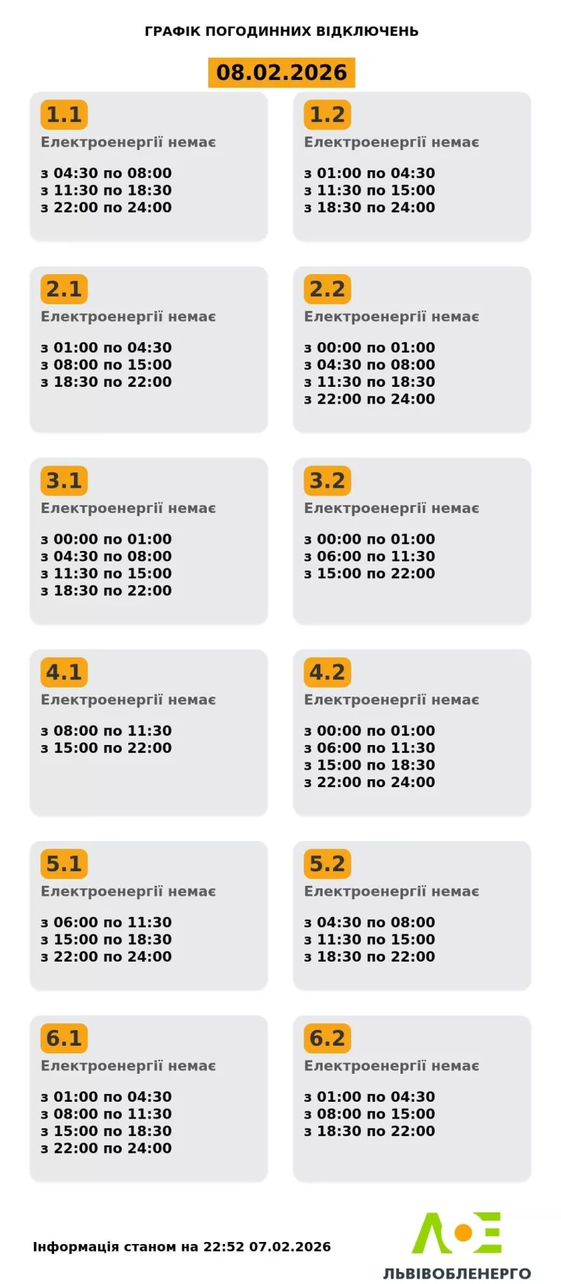 Графіки відключення світла на 8 лютого в Україні: коли не буде електроенергії