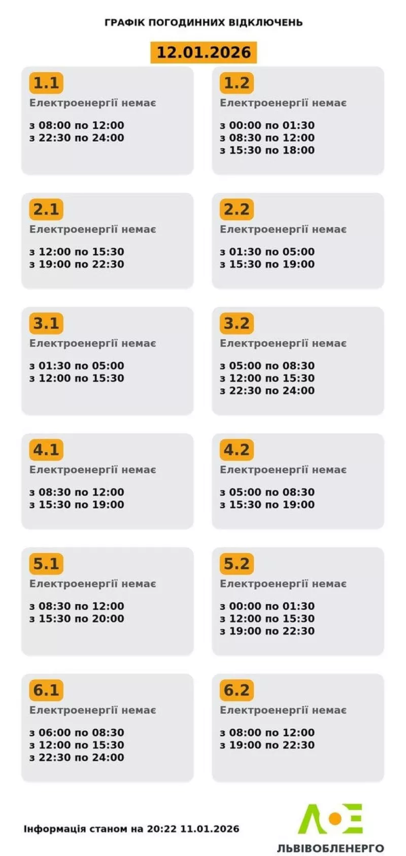 Графіки знеструмлення Закарпаття: де і коли чекати відключення світла 12 січня